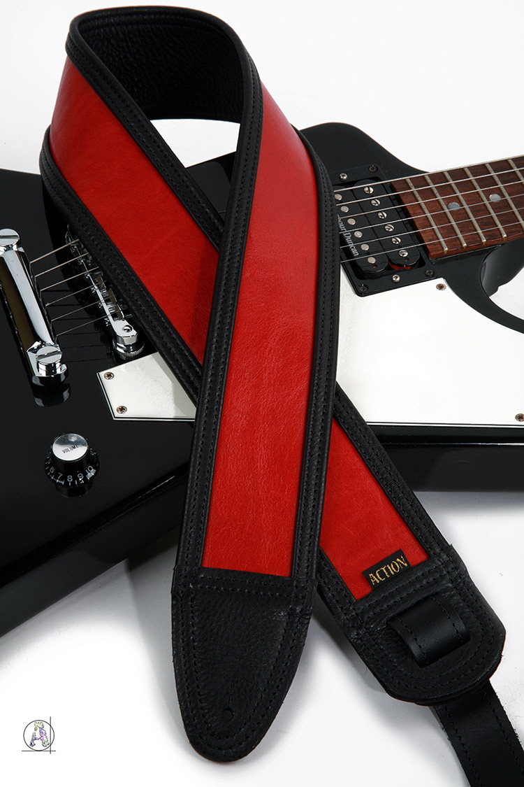 ChromaCast Speed Series Leather Racing Stripe Guitar Strap, Black with Red